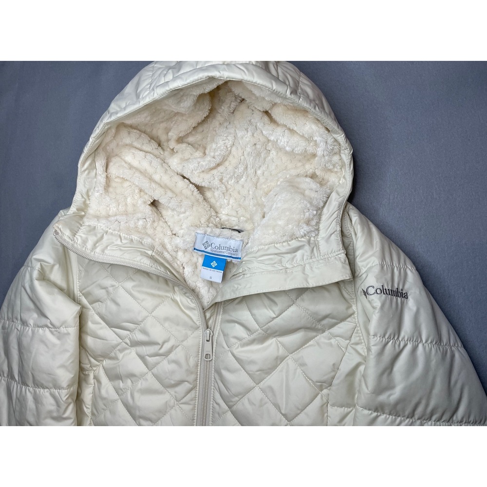 Columbia Women Off White Quilted Hooded Fleece Lined Puffer Jacket Coat Small - Picture 3 of 12